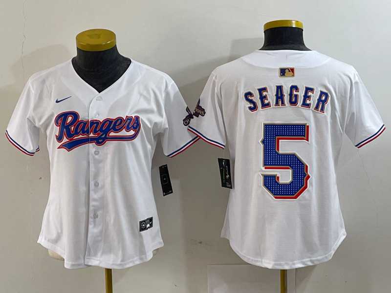 Women%27s Texas Rangers #5 Corey Seager White 2024 Gold Collection Limited Cool Base Jersey
